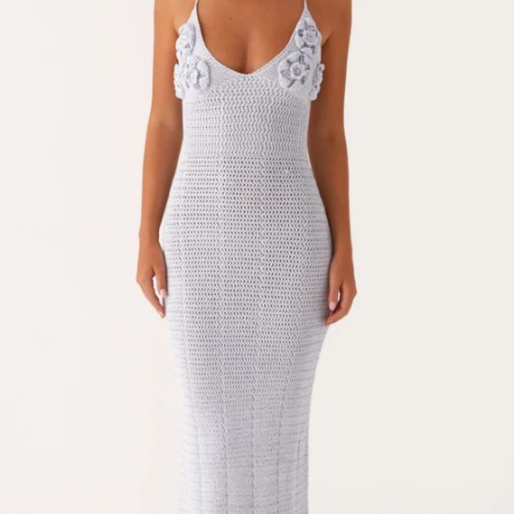 Peppermayo Light Blue Crochet Maxi Dress with Floral Straps